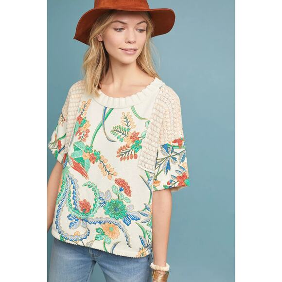 Anthropologie Tropical Floral Short‎ Sleeve Sweater Size Small - Picture 15 of 15